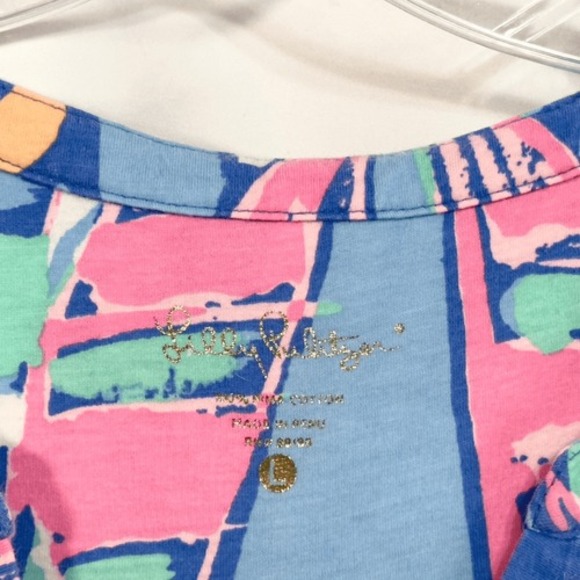 Lilly Pulitzer Large Dress Blue Pink Shift Above Knee Mini V Neck Cotton 429 - Picture 9 of 10